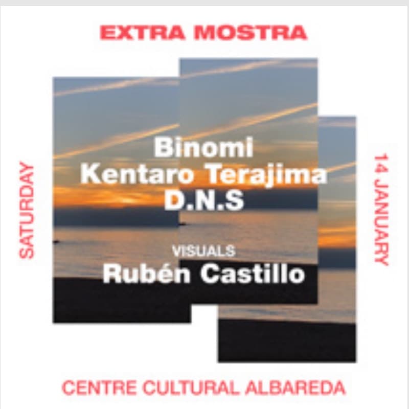 Flyer: Saturday 14 January, Centre Cultural Albareda — Binomi, Kentaro Terajima, D.N.S, visuals by Rubén Castillo